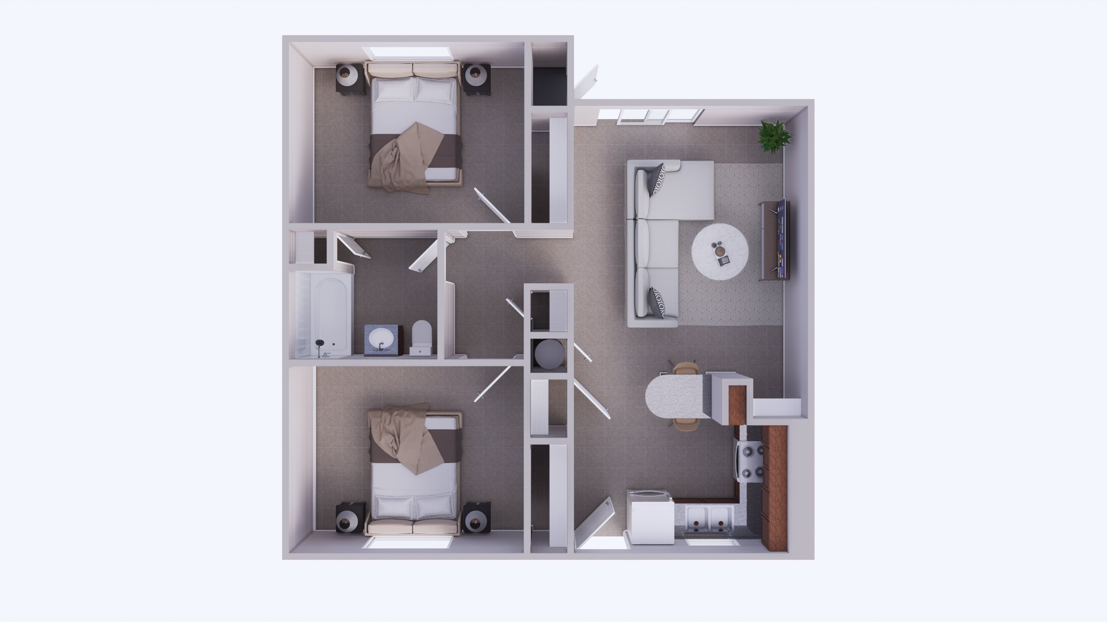 A 3D image of a room layout with a bed, desk, and shelves.